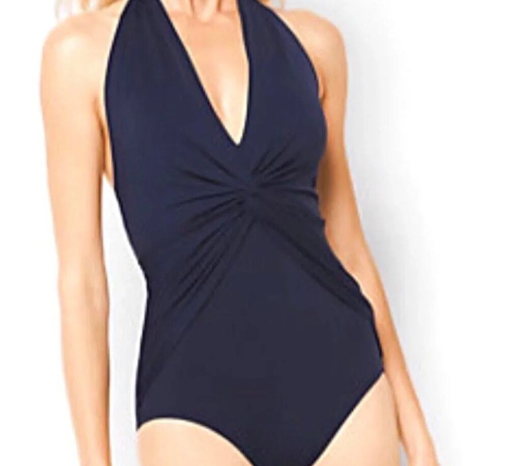 MICHAEL KORS Deep V-Twist Solid Navy One Piece Women's 20W